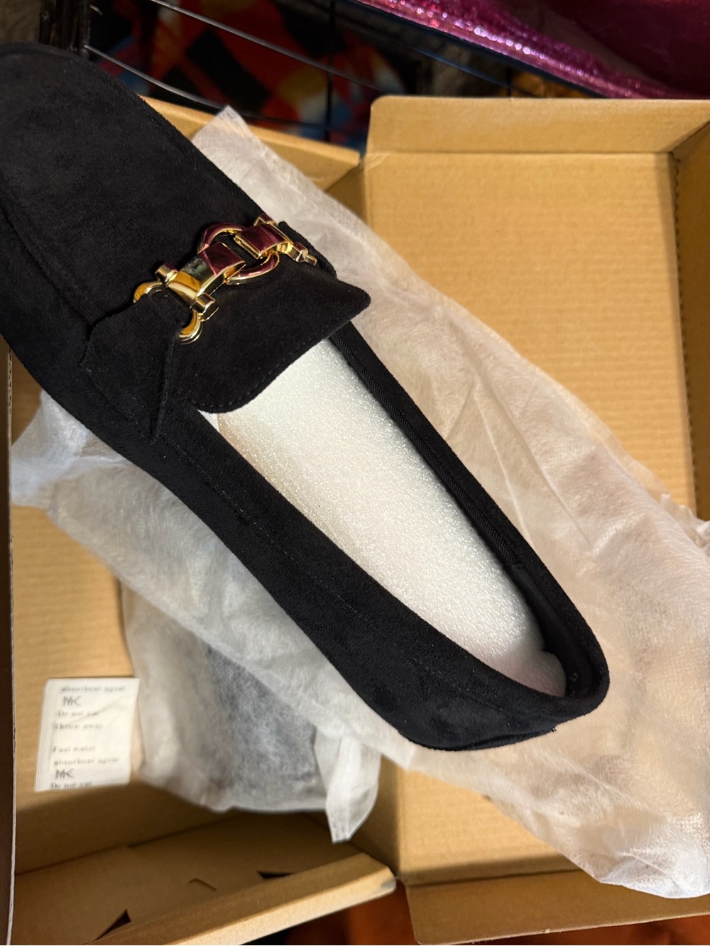 Women's Black Suede Slip-On Loafer with Gold Chain Accent